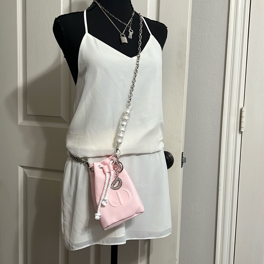 New! Dior Beauty Drawstring Pink Pouch with Crossbody Strap and Charm - Picture 3 of 15